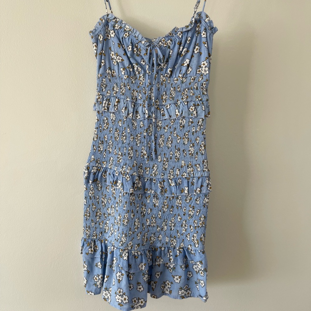 Blossom Blue Scrunch Mini Dress with White Flowers